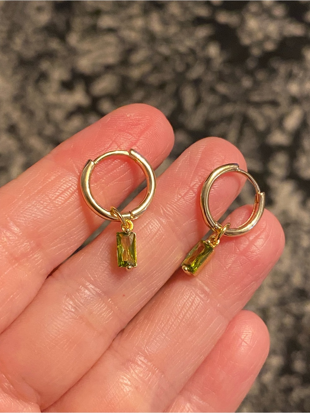 Gold Hoop Earrings with Olive Green Baguette Charm